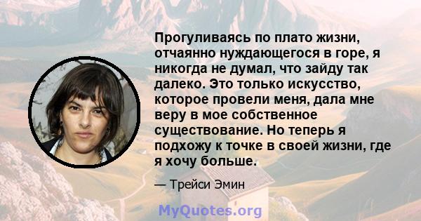 Прогуливаясь по плато жизни, отчаянно нуждающегося в горе, я никогда не думал, что зайду так далеко. Это только искусство, которое провели меня, дала мне веру в мое собственное существование. Но теперь я подхожу к точке 