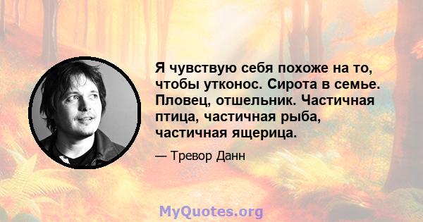 Я чувствую себя похоже на то, чтобы утконос. Сирота в семье. Пловец, отшельник. Частичная птица, частичная рыба, частичная ящерица.