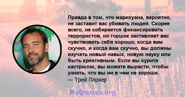 Правда в том, что марихуана, вероятно, не заставит вас убивать людей. Скорее всего, не собирается финансировать террористов, но горшок заставляет вас чувствовать себя хорошо, когда вам скучно, и когда вам скучно, вы