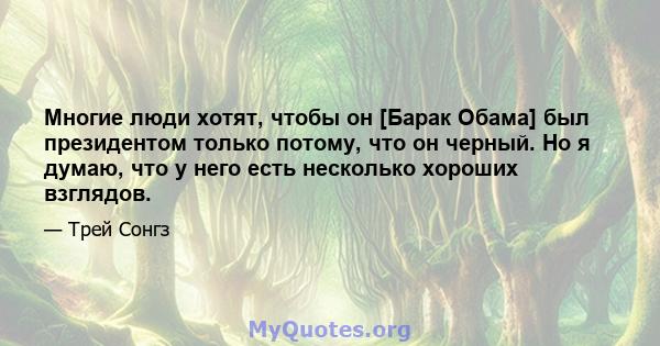 Многие люди хотят, чтобы он [Барак Обама] был президентом только потому, что он черный. Но я думаю, что у него есть несколько хороших взглядов.