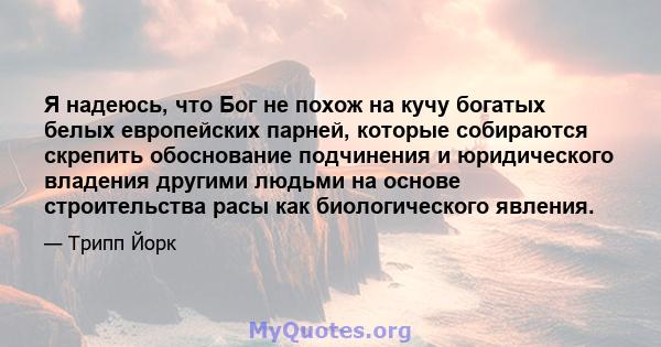 Я надеюсь, что Бог не похож на кучу богатых белых европейских парней, которые собираются скрепить обоснование подчинения и юридического владения другими людьми на основе строительства расы как биологического явления.