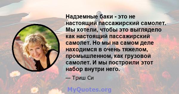 Надземные баки - это не настоящий пассажирский самолет. Мы хотели, чтобы это выглядело как настоящий пассажирский самолет. Но мы на самом деле находимся в очень тяжелом, промышленном, как грузовой самолет. И мы