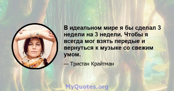 В идеальном мире я бы сделал 3 недели на 3 недели. Чтобы я всегда мог взять передые и вернуться к музыке со свежим умом.