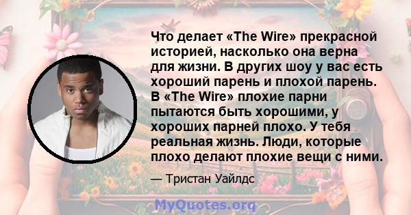 Что делает «The Wire» прекрасной историей, насколько она верна для жизни. В других шоу у вас есть хороший парень и плохой парень. В «The Wire» плохие парни пытаются быть хорошими, у хороших парней плохо. У тебя реальная 