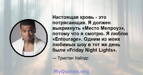 Настоящая кровь - это потрясающая. Я должен выкрикнуть «Место Мелроуз», потому что я смотрю. Я люблю «Entourage». Одним из моих любимых шоу в тот же день были «Friday Night Lights».