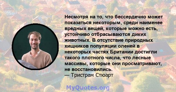 Несмотря на то, что бессердечно может показаться некоторым, среди наименее вредных вещей, которые можно есть, устойчиво отбрасываются диких животных. В отсутствие природных хищников популяции оленей в некоторых частях