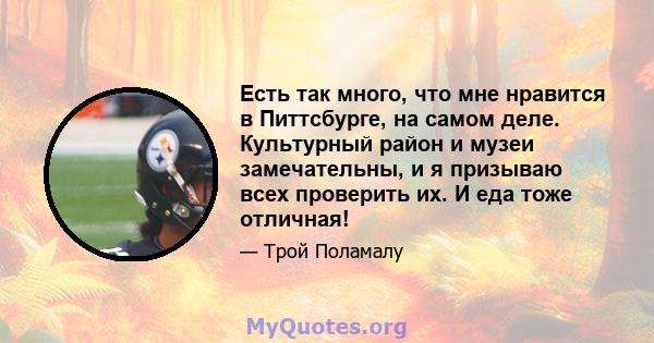 Есть так много, что мне нравится в Питтсбурге, на самом деле. Культурный район и музеи замечательны, и я призываю всех проверить их. И еда тоже отличная!