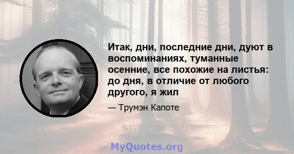 Итак, дни, последние дни, дуют в воспоминаниях, туманные осенние, все похожие на листья: до дня, в отличие от любого другого, я жил