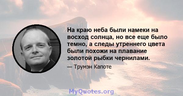 На краю неба были намеки на восход солнца, но все еще было темно, а следы утреннего цвета были похожи на плавание золотой рыбки чернилами.