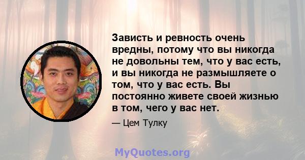 Зависть и ревность очень вредны, потому что вы никогда не довольны тем, что у вас есть, и вы никогда не размышляете о том, что у вас есть. Вы постоянно живете своей жизнью в том, чего у вас нет.