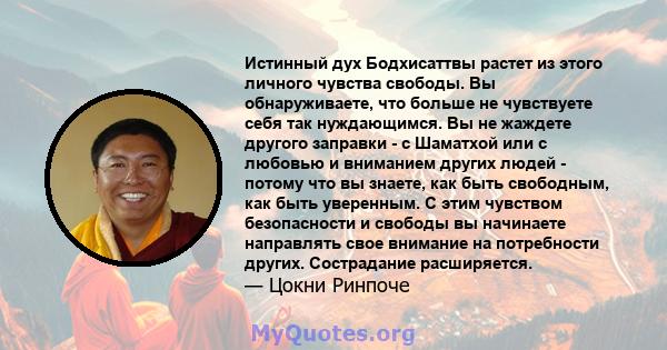 Истинный дух Бодхисаттвы растет из этого личного чувства свободы. Вы обнаруживаете, что больше не чувствуете себя так нуждающимся. Вы не жаждете другого заправки - с Шаматхой или с любовью и вниманием других людей -