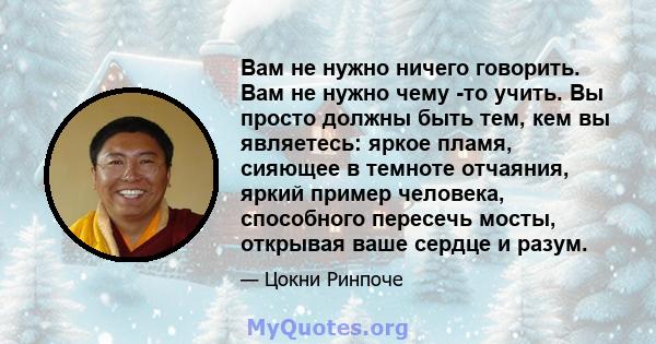 Вам не нужно ничего говорить. Вам не нужно чему -то учить. Вы просто должны быть тем, кем вы являетесь: яркое пламя, сияющее в темноте отчаяния, яркий пример человека, способного пересечь мосты, открывая ваше сердце и