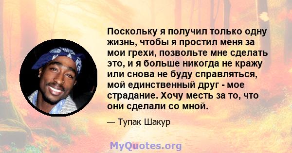 Поскольку я получил только одну жизнь, чтобы я простил меня за мои грехи, позвольте мне сделать это, и я больше никогда не кражу или снова не буду справляться, мой единственный друг - мое страдание. Хочу месть за то,