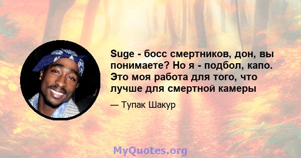 Suge - босс смертников, дон, вы понимаете? Но я - подбол, капо. Это моя работа для того, что лучше для смертной камеры