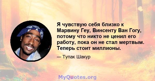 Я чувствую себя близко к Марвину Геу, Винсенту Ван Гогу, потому что никто не ценил его работу, пока он не стал мертвым. Теперь стоит миллионы.