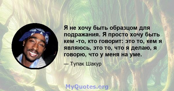 Я не хочу быть образцом для подражания. Я просто хочу быть кем -то, кто говорит: это то, кем я являюсь, это то, что я делаю, я говорю, что у меня на уме.