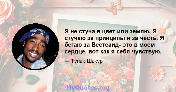 Я не стуча в цвет или землю. Я стучаю за принципы и за честь. Я бегаю за Вестсайд- это в моем сердце, вот как я себя чувствую.