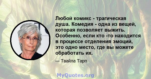 Любой комикс - трагическая душа. Комедия - одна из вещей, которая позволяет выжить. Особенно, если кто -то находится в процессе отделения эмоций, это одно место, где вы можете обработать их.