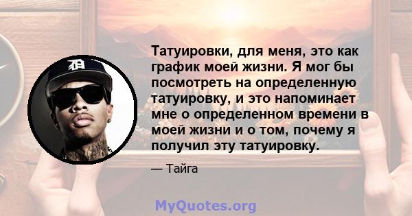 Татуировки, для меня, это как график моей жизни. Я мог бы посмотреть на определенную татуировку, и это напоминает мне о определенном времени в моей жизни и о том, почему я получил эту татуировку.