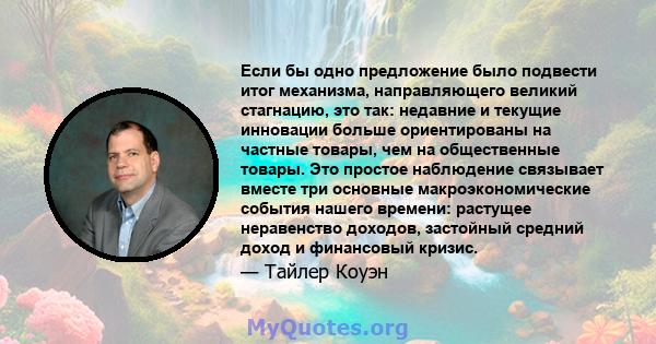 Если бы одно предложение было подвести итог механизма, направляющего великий стагнацию, это так: недавние и текущие инновации больше ориентированы на частные товары, чем на общественные товары. Это простое наблюдение