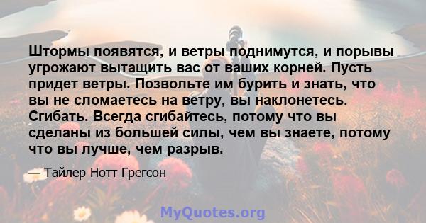 Штормы появятся, и ветры поднимутся, и порывы угрожают вытащить вас от ваших корней. Пусть придет ветры. Позвольте им бурить и знать, что вы не сломаетесь на ветру, вы наклонетесь. Сгибать. Всегда сгибайтесь, потому что 