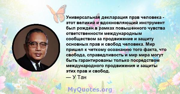 Универсальная декларация прав человека - этот великий и вдохновляющий инструмент был рожден в рамках повышенного чувства ответственности международным сообществом за продвижение и защиту основных прав и свобод человека. 