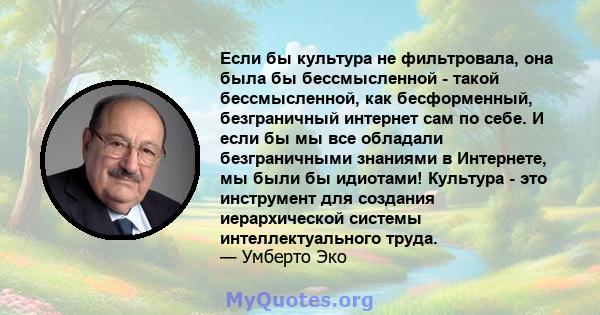 Если бы культура не фильтровала, она была бы бессмысленной - такой бессмысленной, как бесформенный, безграничный интернет сам по себе. И если бы мы все обладали безграничными знаниями в Интернете, мы были бы идиотами!