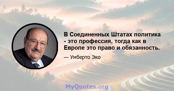 В Соединенных Штатах политика - это профессия, тогда как в Европе это право и обязанность.