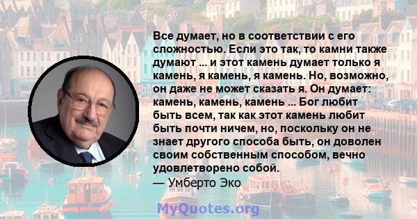 Все думает, но в соответствии с его сложностью. Если это так, то камни также думают ... и этот камень думает только я камень, я камень, я камень. Но, возможно, он даже не может сказать я. Он думает: камень, камень,