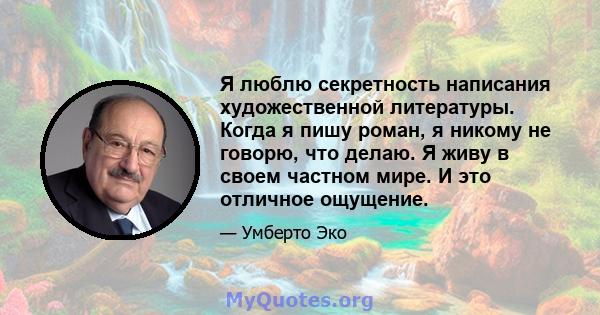 Я люблю секретность написания художественной литературы. Когда я пишу роман, я никому не говорю, что делаю. Я живу в своем частном мире. И это отличное ощущение.