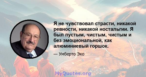 Я не чувствовал страсти, никакой ревности, никакой ностальгии. Я был пустым, чистым, чистым и без эмоциональной, как алюминиевый горшок.