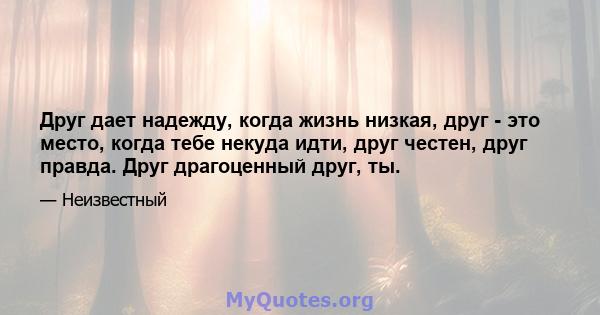 Друг дает надежду, когда жизнь низкая, друг - это место, когда тебе некуда идти, друг честен, друг правда. Друг драгоценный друг, ты.