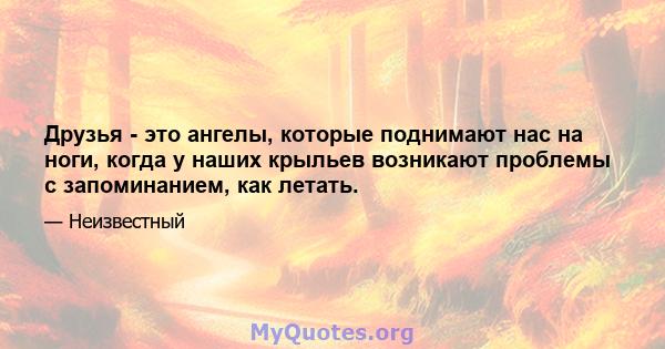 Друзья - это ангелы, которые поднимают нас на ноги, когда у наших крыльев возникают проблемы с запоминанием, как летать.