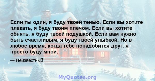 Если ты один, я буду твоей тенью. Если вы хотите плакать, я буду твоим плечом. Если вы хотите обнять, я буду твоей подушкой. Если вам нужно быть счастливым, я буду твоей улыбкой. Но в любое время, когда тебе понадобится 