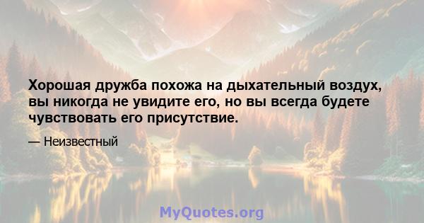 Хорошая дружба похожа на дыхательный воздух, вы никогда не увидите его, но вы всегда будете чувствовать его присутствие.