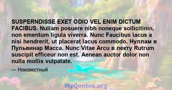 SUSPERNDISSE EXET ODIO VEL ENIM DICTUM FACIBUS. Nullam posuere nibh noneque sollicitinin, non ementum ligula viverra. Nunc Faucibus lacus a nisi hendrerit, ut placerat lacus commodo. Нуллам в Пульвинар Масса. Nunc Vitae 