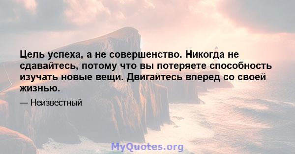 Цель успеха, а не совершенство. Никогда не сдавайтесь, потому что вы потеряете способность изучать новые вещи. Двигайтесь вперед со своей жизнью.