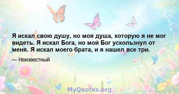 Я искал свою душу, но моя душа, которую я не мог видеть. Я искал Бога, но мой Бог ускользнул от меня. Я искал моего брата, и я нашел все три.