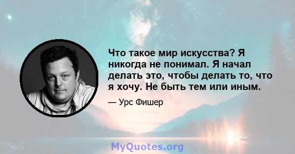 Что такое мир искусства? Я никогда не понимал. Я начал делать это, чтобы делать то, что я хочу. Не быть тем или иным.