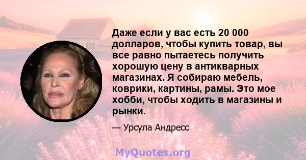 Даже если у вас есть 20 000 долларов, чтобы купить товар, вы все равно пытаетесь получить хорошую цену в антикварных магазинах. Я собираю мебель, коврики, картины, рамы. Это мое хобби, чтобы ходить в магазины и рынки.