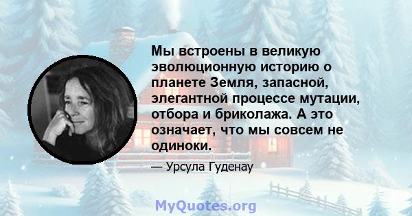 Мы встроены в великую эволюционную историю о планете Земля, запасной, элегантной процессе мутации, отбора и бриколажа. А это означает, что мы совсем не одиноки.