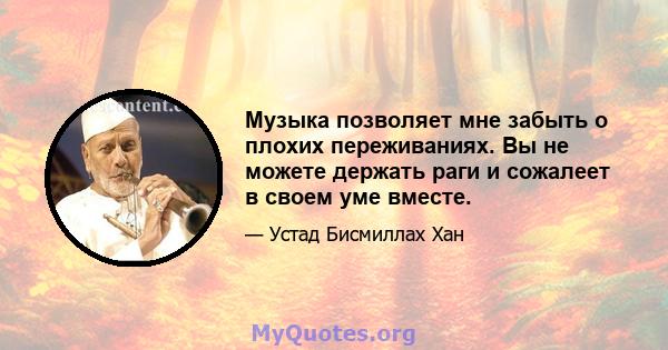 Музыка позволяет мне забыть о плохих переживаниях. Вы не можете держать раги и сожалеет в своем уме вместе.