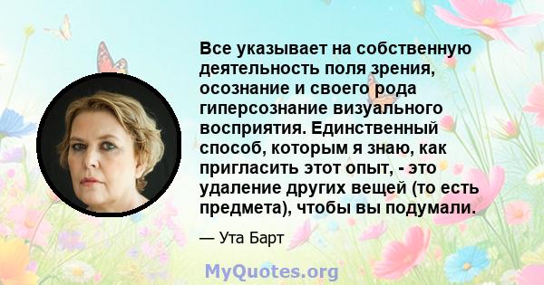 Все указывает на собственную деятельность поля зрения, осознание и своего рода гиперсознание визуального восприятия. Единственный способ, которым я знаю, как пригласить этот опыт, - это удаление других вещей (то есть