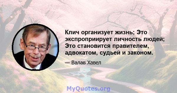 Клич организует жизнь; Это экспроприирует личность людей; Это становится правителем, адвокатом, судьей и законом.