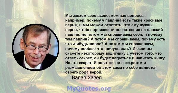 Мы задаем себе всевозможные вопросы, например, почему у павлина есть такие красивые перья, и мы можем ответить, что ему нужны перья, чтобы произвести впечатление на женский павлин, но потом мы спрашиваем себя, и почему