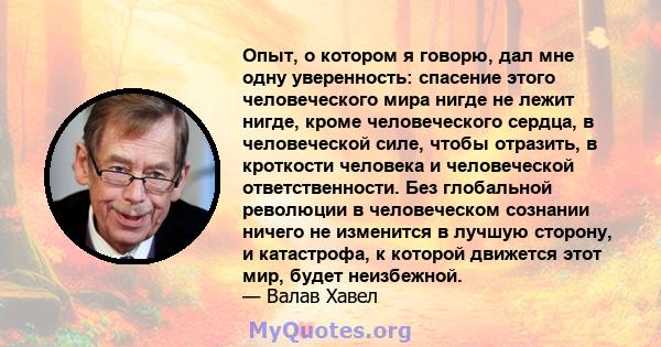 Опыт, о котором я говорю, дал мне одну уверенность: спасение этого человеческого мира нигде не лежит нигде, кроме человеческого сердца, в человеческой силе, чтобы отразить, в кроткости человека и человеческой