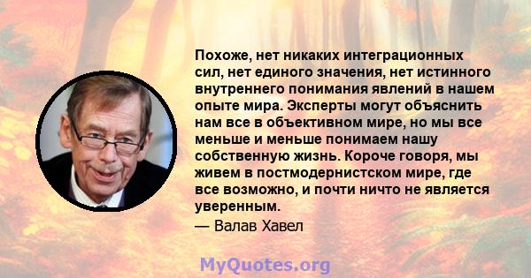 Похоже, нет никаких интеграционных сил, нет единого значения, нет истинного внутреннего понимания явлений в нашем опыте мира. Эксперты могут объяснить нам все в объективном мире, но мы все меньше и меньше понимаем нашу