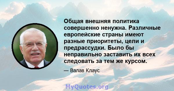 Общая внешняя политика совершенно ненужна. Различные европейские страны имеют разные приоритеты, цели и предрассудки. Было бы неправильно заставить их всех следовать за тем же курсом.