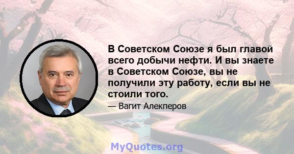 В Советском Союзе я был главой всего добычи нефти. И вы знаете в Советском Союзе, вы не получили эту работу, если вы не стоили того.