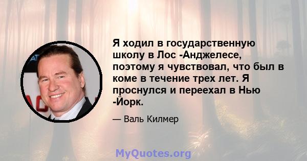 Я ходил в государственную школу в Лос -Анджелесе, поэтому я чувствовал, что был в коме в течение трех лет. Я проснулся и переехал в Нью -Йорк.